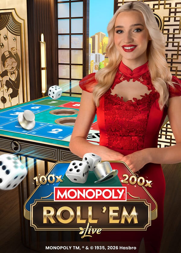 Monopoly Roll 'em, Evolution live dice & ball game: Two dice move the top hat around a 12-square MONOPOLY board; housesโฆ